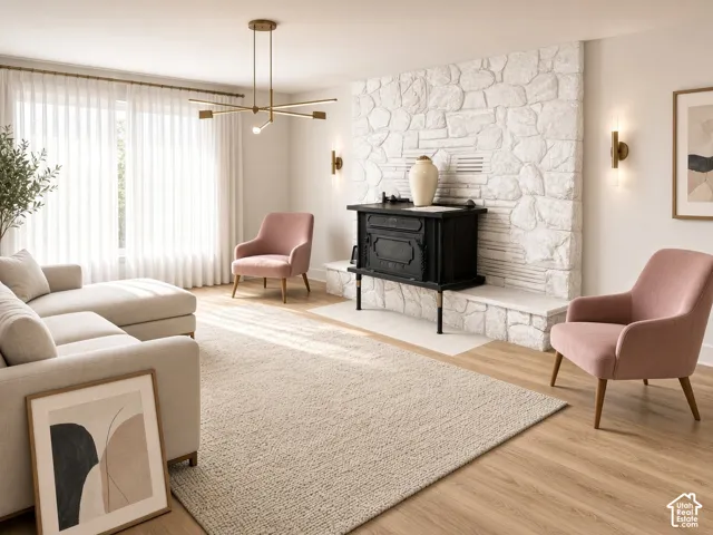 Living area featuring a floor-to-ceiling painted stone fireplace, wood-finish flooring, a matte black cast-iron wood stove, a multi-arm geometric chandelier, and dual wall-mounted sconces