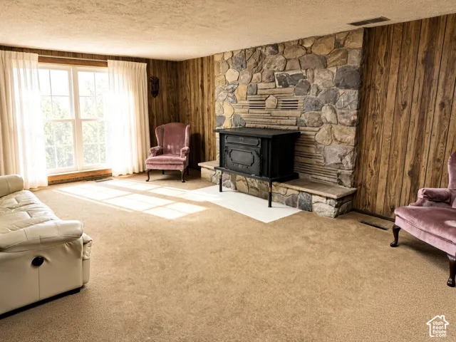 Floor-to-ceiling stone fireplace surround, black metal wood-burning stove, wood-panelled walls, and multi-pane window with natural light
