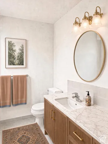 Custom vanity featuring reeded wood-finish cabinetry, stone-style countertop, integrated sink, and brass-tone hardware, complemented by a tri-light fixture and oval-shaped mirror