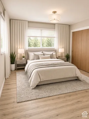 Wood-finish flooring, large windows with horizontal blinds, neutral wall tones, semi-flush mount drum lighting, and full-height wood-finish closet doors