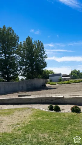 lot available next door for sale with this home or alone- 230k .25 Expansive outdoor space featuring a tiered concrete retaining wall, mature pine trees, a lawn area with curved edging, and a detached storage shed