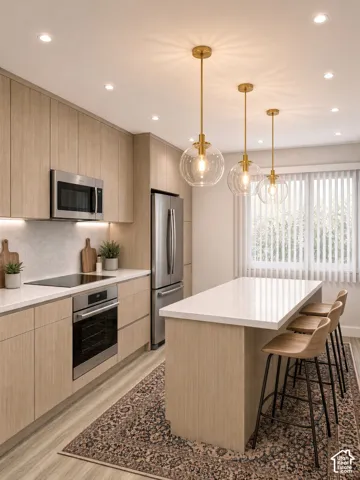 Kitchen featuring flat-panel wood-finish cabinetry, stone-surface countertops, a center island, stainless steel appliances, and glass globe pendant lighting