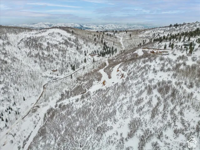 Elevated terrain featuring expansive mountain topography, snow-covered hillsides, mature evergreen and aspen groves, and winding site-access roads