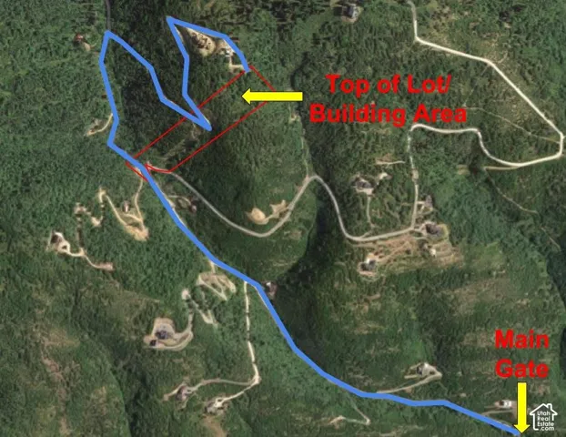 Property Plat Map. Satellite imagery identifying the building area and primary access point of the property