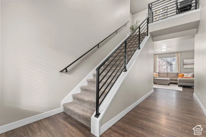 Staircase featuring carpeted steps, matte black metal horizontal railings, and wood-finish flooring