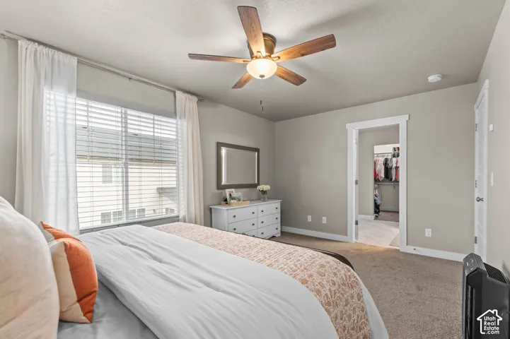 Neutral-toned room featuring a central ceiling fan with integrated lighting, window with horizontal blinds, and a walk-in closet with built-in shelving