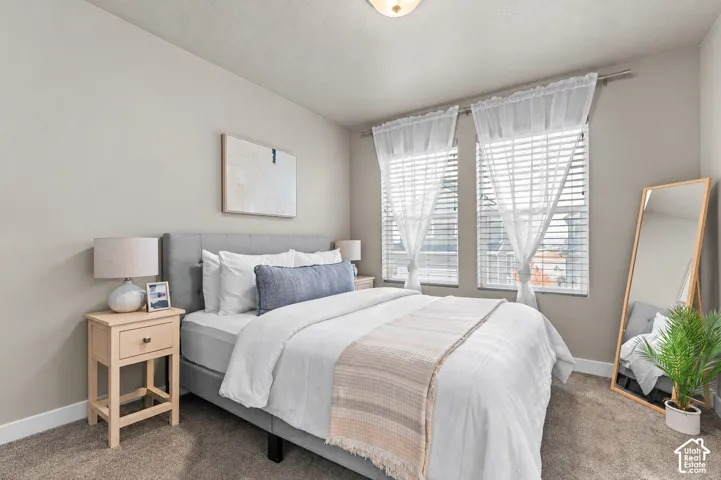 Neutral-toned wall finish, wall-to-wall carpeting, dual windows with horizontal blinds, and flush-mount ceiling lighting