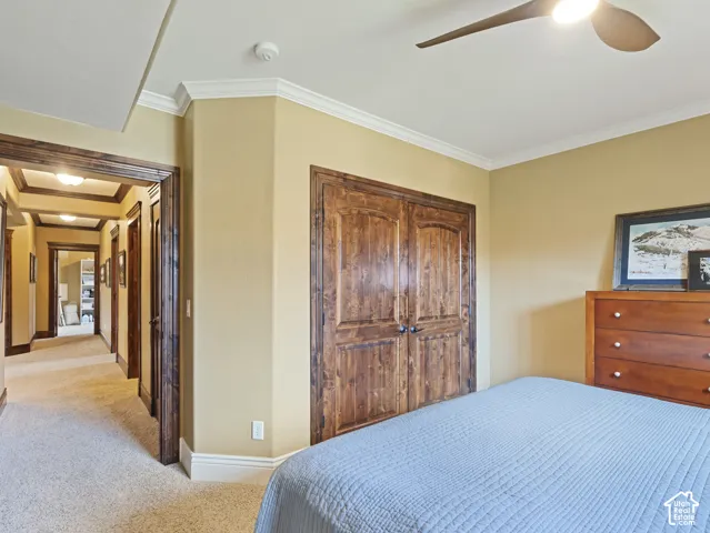 Double doors featuring dark-stained wood trim, multi-paneled wood closet doors, crown molding, and a ceiling fan with aerodynamic blades