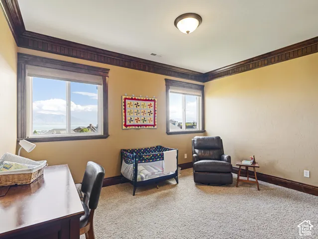 Room with crown molding, carpeting, and dual windows showcasing mountain and water scenery