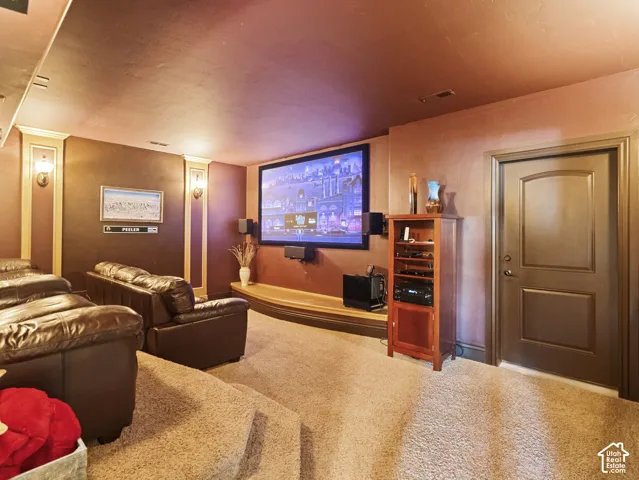 Tiered carpeted flooring, wall-mounted screen, built-in wooden platform, arched interior door, and recessed wall sconces with decorative pilasters