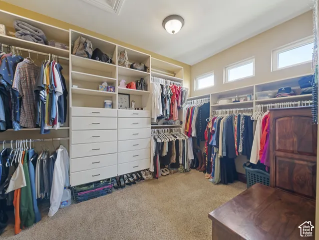 Walk-in closet featuring white built-in cabinetry, floor-to-ceiling shelving, multiple drawer banks, and horizontal transom windows