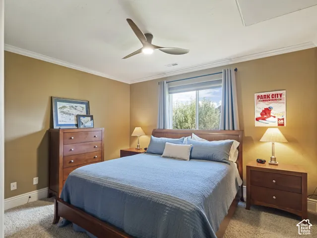 Neutral wall color, carpeted flooring, three-blade ceiling fan with integrated light, and a double-pane window