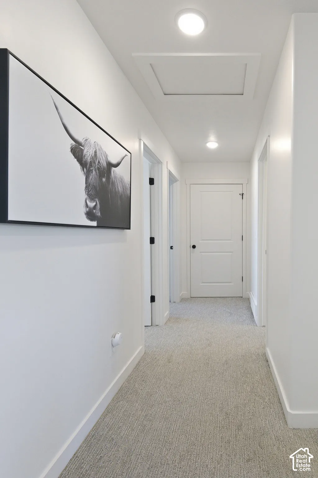 Neutral-toned wall-to-wall carpeting, recessed ceiling lighting, and solid-core interior doors with matte black hardware