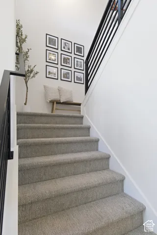 Staircase featuring wall-to-wall carpeting and black metal horizontal-bar railing