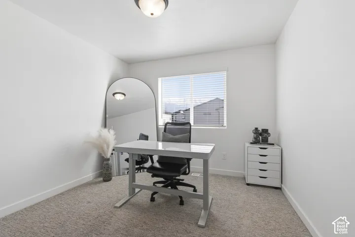 Neutral interior room featuring neutral carpeting, a dual-pane window with horizontal blinds, and a dome-style flush-mount ceiling light fixture