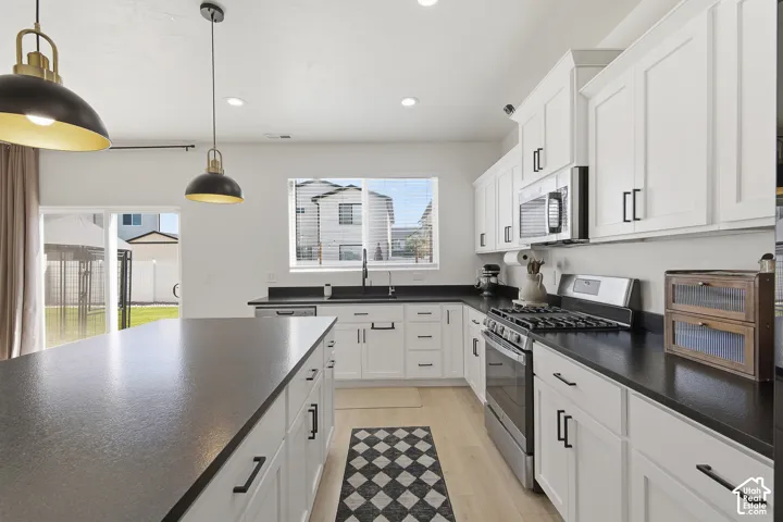 Kitchen featuring white shaker-style cabinetry, dark stone countertops, stainless steel appliances, an expansive center island, and wood-finish flooring
