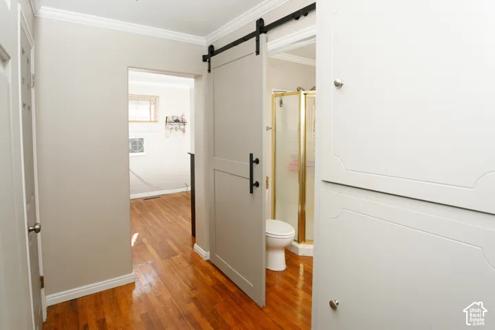 Light gray sliding barn door featuring matte black hardware, floor-to-ceiling built-in cabinetry, and wood-finish flooring