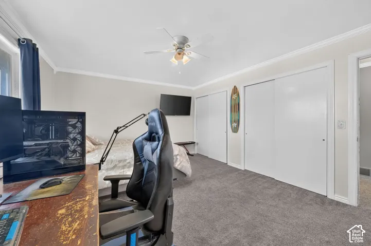 Room featuring neutral wall paint, crown molding, plush wall-to-wall carpeting, a ceiling fan with integrated lighting, and dual sliding-door closets