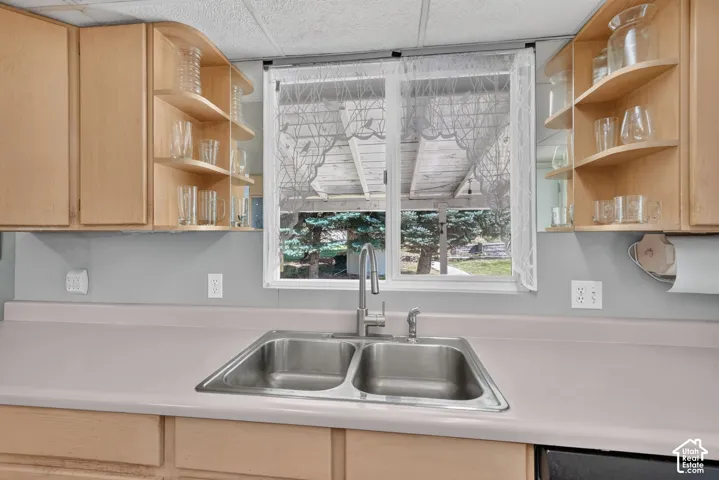 Kitchen sink area featuring light wood cabinetry with open shelving, a double-basin stainless steel sink, a chrome high-arc faucet, and a large window