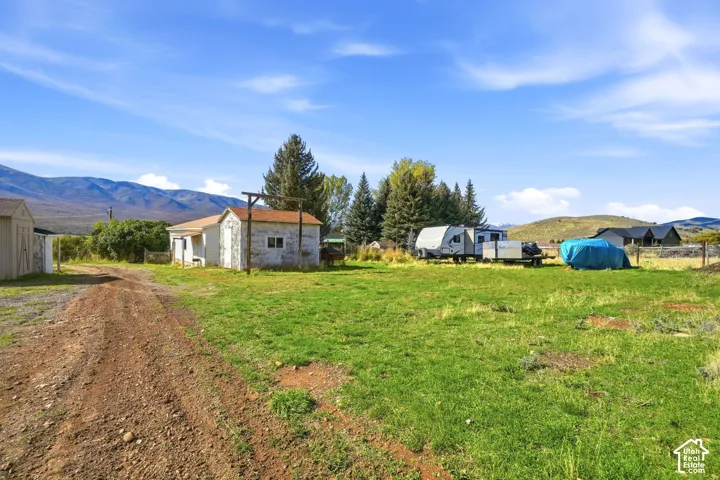 Expansive lot featuring an unpaved driveway, a detached outbuilding, mature evergreen trees, and a prominent mountain backdrop