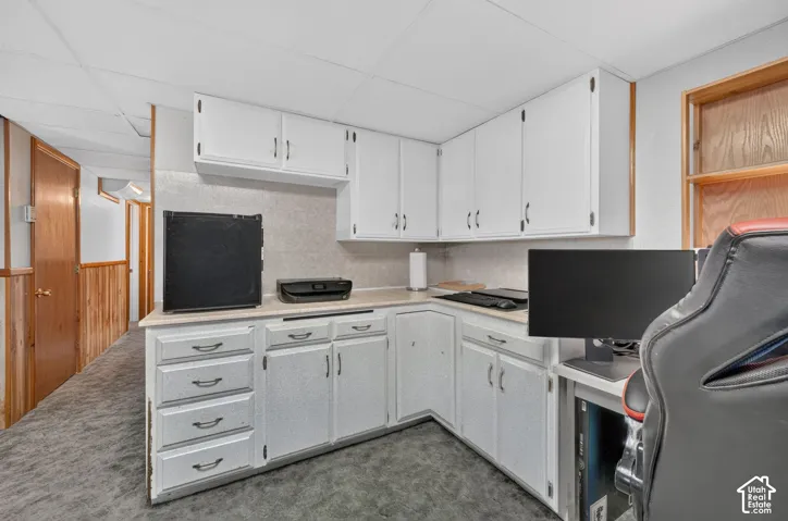 Built-in white cabinetry featuring upper storage and lower drawers, light-toned countertop, and wood-paneled walls