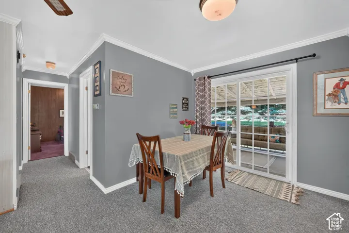 Sliding glass doors with grid detailing, crown molding, and neutral wall color