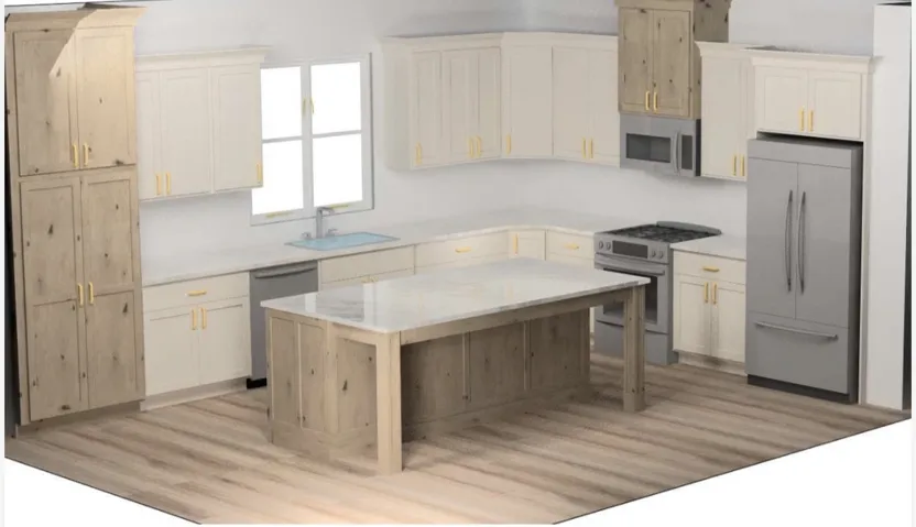 Kitchen featuring two-tone cabinetry, a central island with stone-finish countertops, stainless steel appliances, and wood-finish flooring