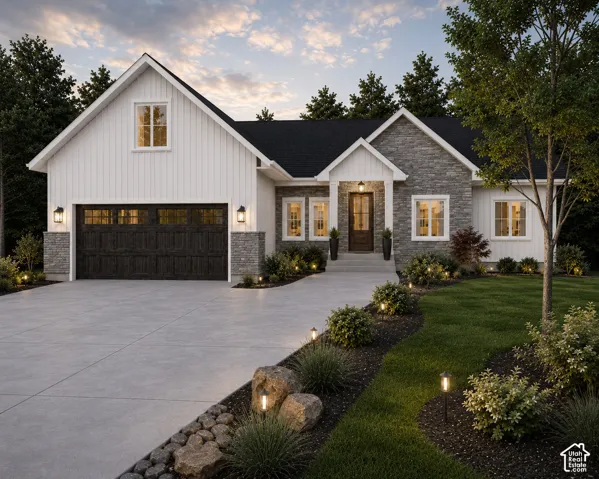 Modern farmhouse exterior featuring vertical board-and-batten siding, stone masonry accents, a multi-car garage with glass-paneled doors, and a covered entryway