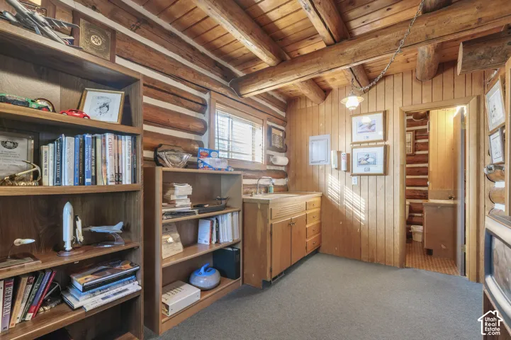 Rustic log construction, exposed timber ceiling beams, vertical wood-panel wall treatments, and built-in cabinetry featuring a drop-in sink