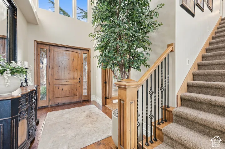 Foyer featuring high ceilings, natural wood-finish front door with glass sidelights, wood-finish flooring, and a staircase with a wood handrail and iron balusters.