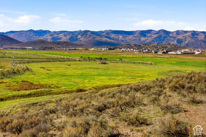 Expansive acreage featuring native mountain brush, open pasture, and split-rail perimeter fencing, set against a prominent mountain backdrop