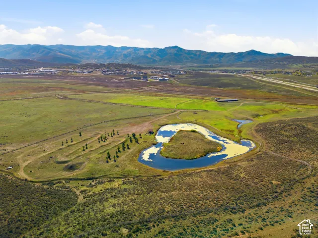 Aerial acreage featuring a natural pond, native landscaping, and prominent mountain backdrops