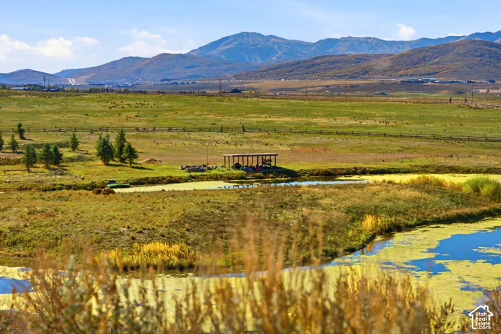 Expansive open acreage featuring a natural water feature, mature trees, a covered structure, and mountain backdrop