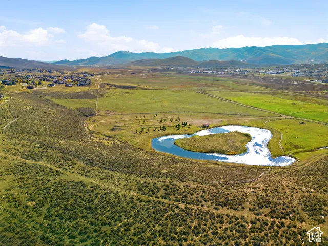 Expansive acreage featuring a private pond, rolling topography, and mountain backdrop