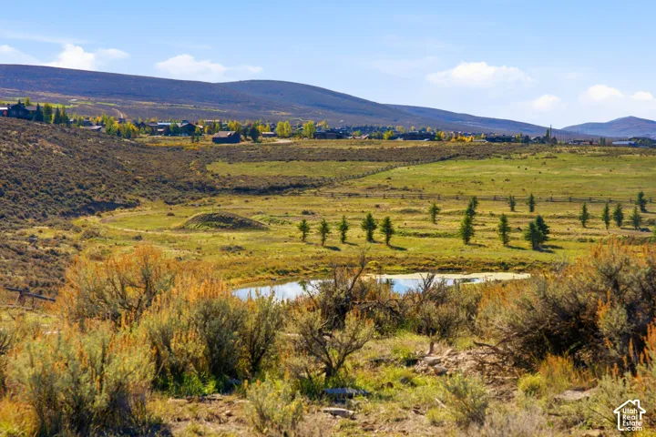 Expansive landscape featuring rolling hills, native shrubbery, mature trees, and a pond