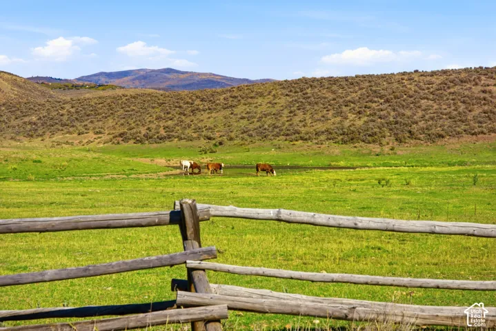 Expansive pasture featuring a split-rail wood fence, native grasses, and a mountain backdrop