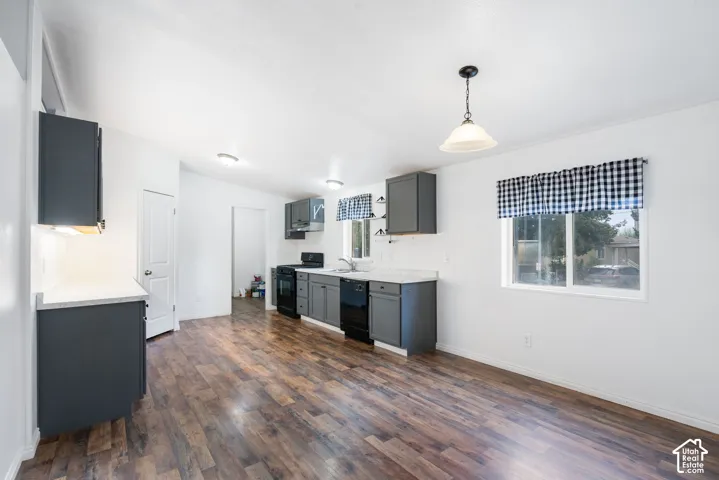 Kitchen featuring charcoal cabinetry, light-toned countertops, wood-finish flooring, dual-basin stainless steel sink, and a pendant light fixture