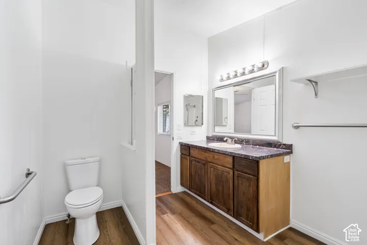 Bathroom featuring wood-finish flooring, a vanity with dark wood-finish cabinetry, a solid surface countertop with an integrated basin, a framed wall mirror, and a multi-bulb vanity light fixture