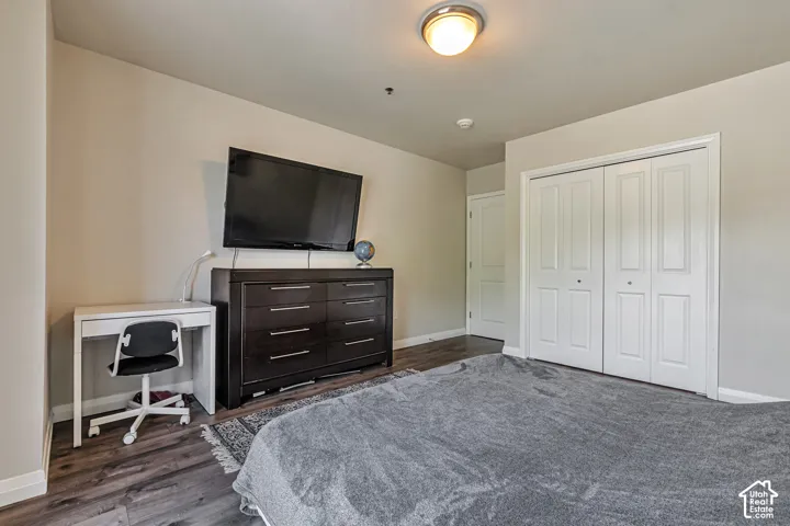 Wood-finish flooring, neutral wall tones, white interior doors, and a double-door closet with white trim