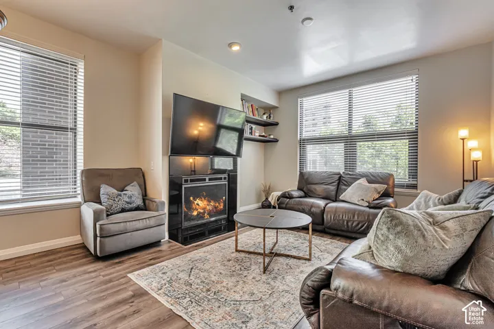 Gas fireplace with a black surround, wood-finish flooring, built-in shelving, and large windows with horizontal blinds