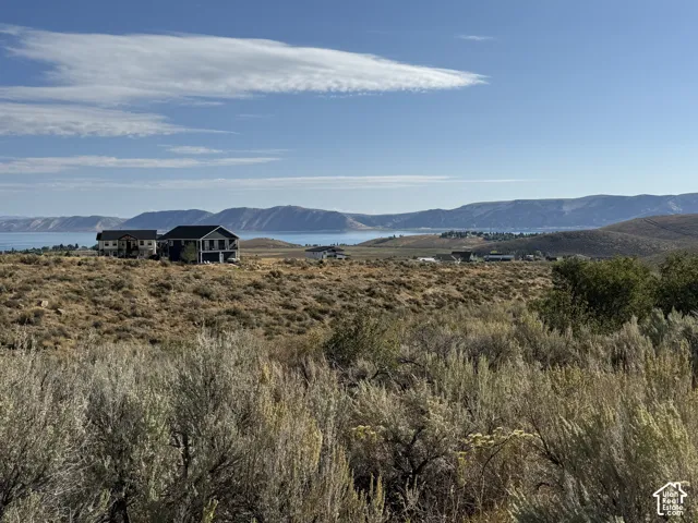 Expansive lot featuring native sagebrush landscape, prominent mountain backdrop, and water frontage