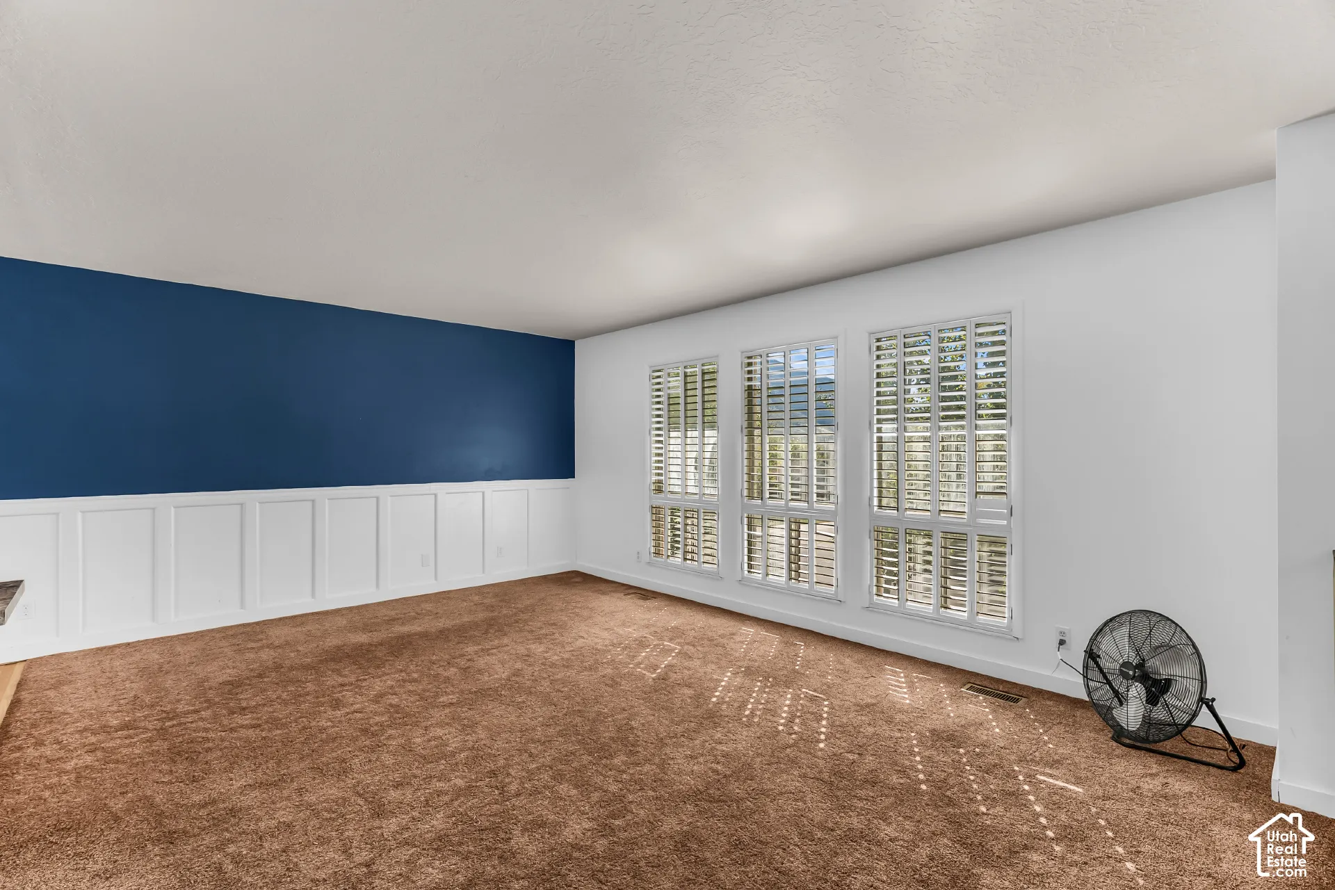 Interior space featuring wall-to-wall carpeting, white wainscoting, a blue accent wall, and three windows fitted with plantation shutters