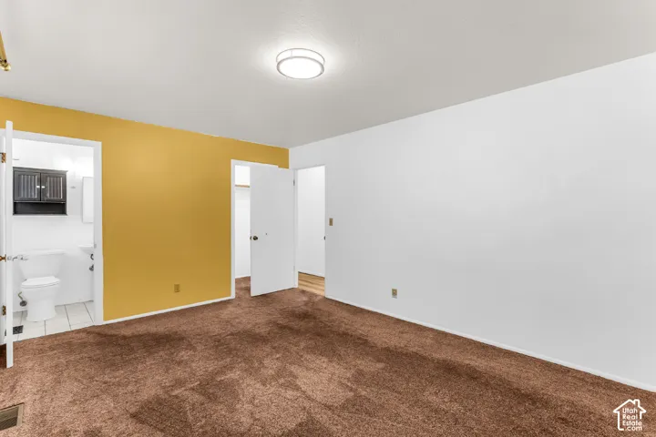 Room featuring carpeted flooring, flush-mount lighting, and dual door access to a storage closet and bathroom