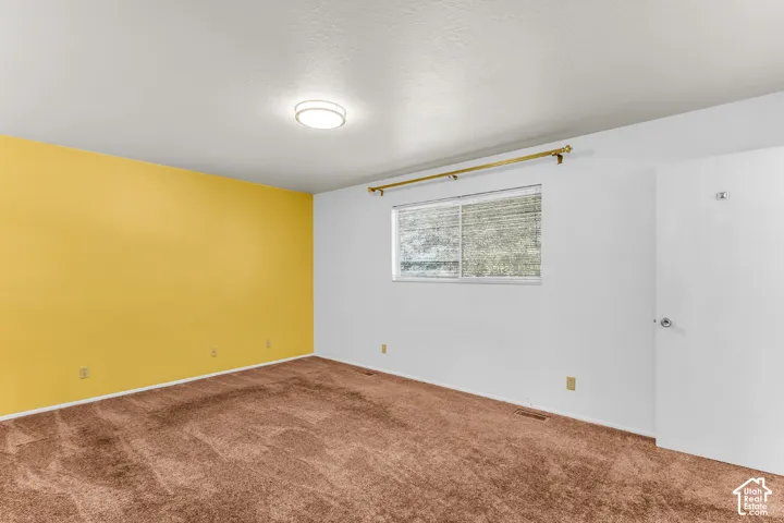 Room featuring carpeting, a horizontal sliding window with a brass-finish curtain rod, a single flush-mount ceiling light, and an accent wall