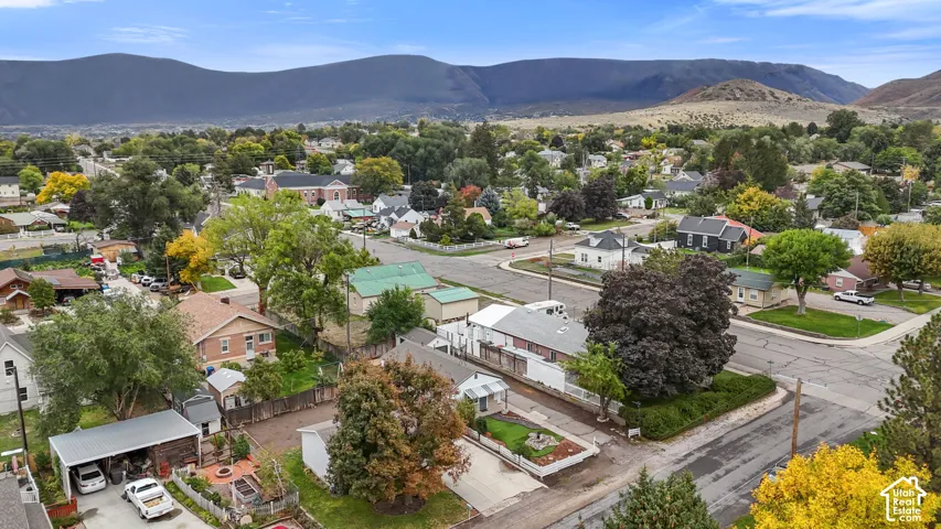 Aerial perspective featuring mature tree landscaping, a detached metal-roofed carport, a fenced yard, and a mountain backdrop