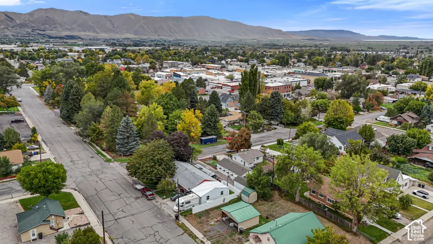 Aerial perspective of a residential neighborhood featuring mature trees, paved streets, and a prominent mountain range backdrop