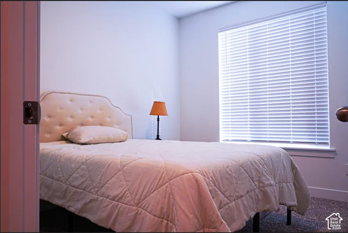 Room featuring horizontal slat window blinds, neutral wall-to-wall carpeting, and a doorway with a built-in latch plate
