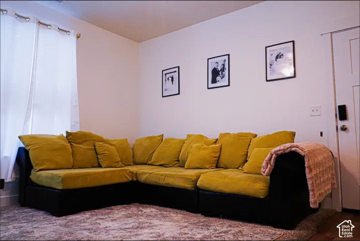 Interior space featuring neutral wall paint, carpeted flooring, and a single-panel door with architectural trim