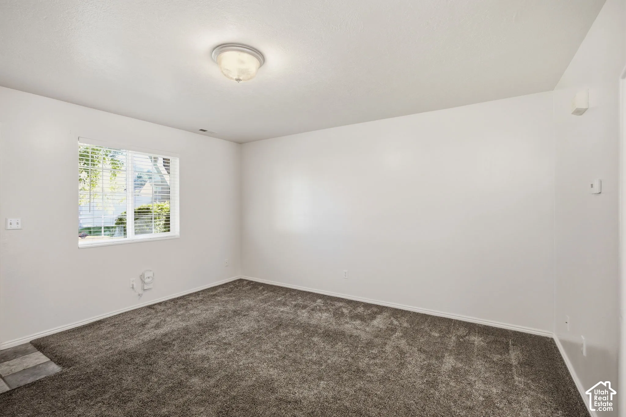 Neutral-toned carpeted flooring, sliding window with horizontal blinds, flush-mount ceiling light fixture, and textured walls