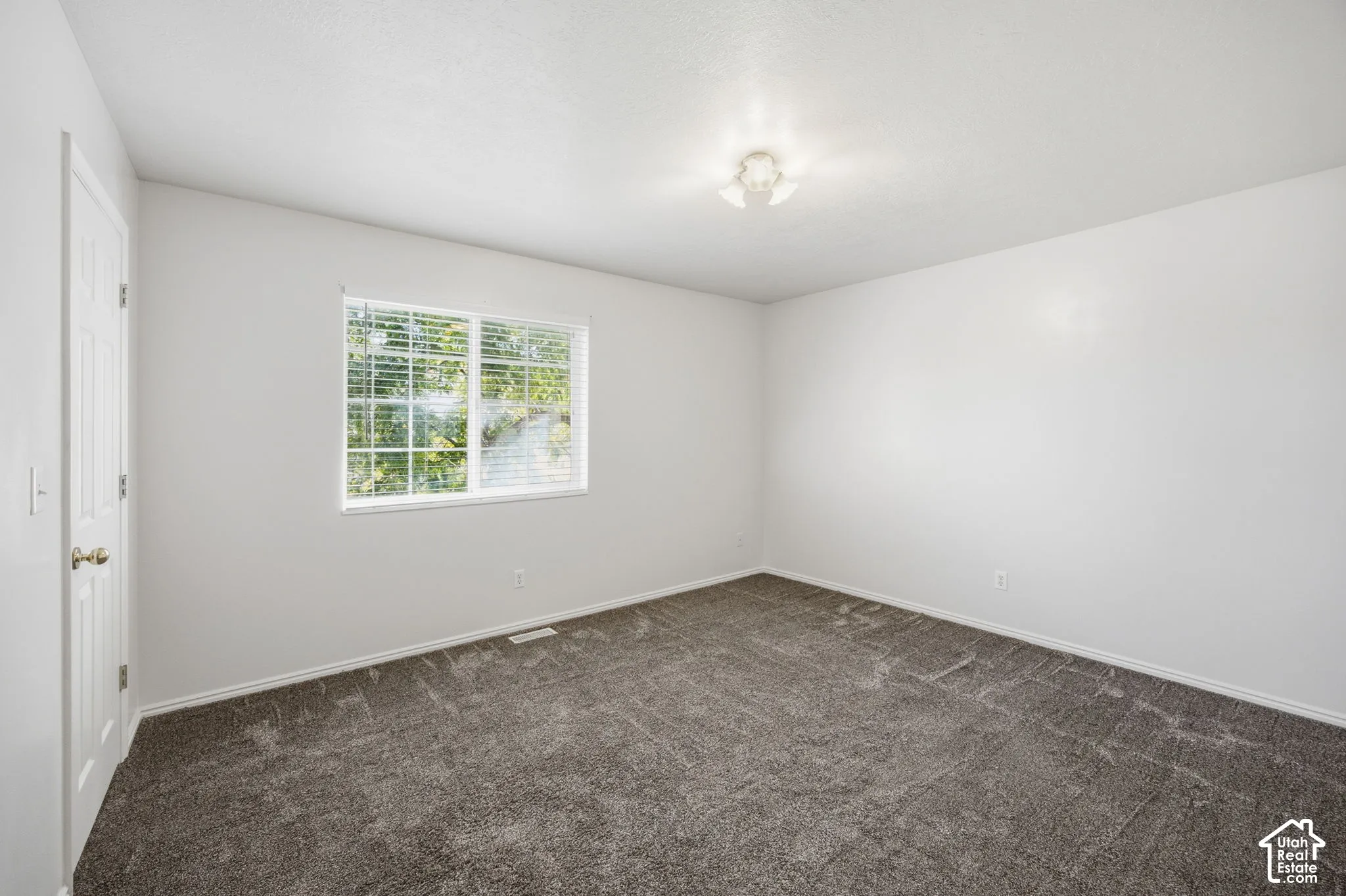Neutral wall finishes, plush carpeting, multi-pane sliding window, and flush-mount ceiling light